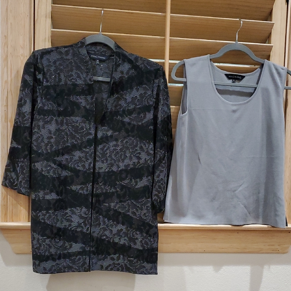 Ming Wang Black Lace Jacket with Gray Sleeveless Top